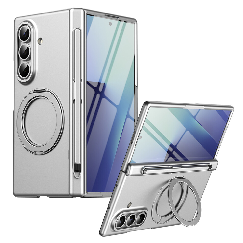 (Silver) For Samsung Galaxy Z Fold7 5G Rotary Kickstand Pc Phone Cover With Tempered Glass Film / Stylus Silver 6914298941409