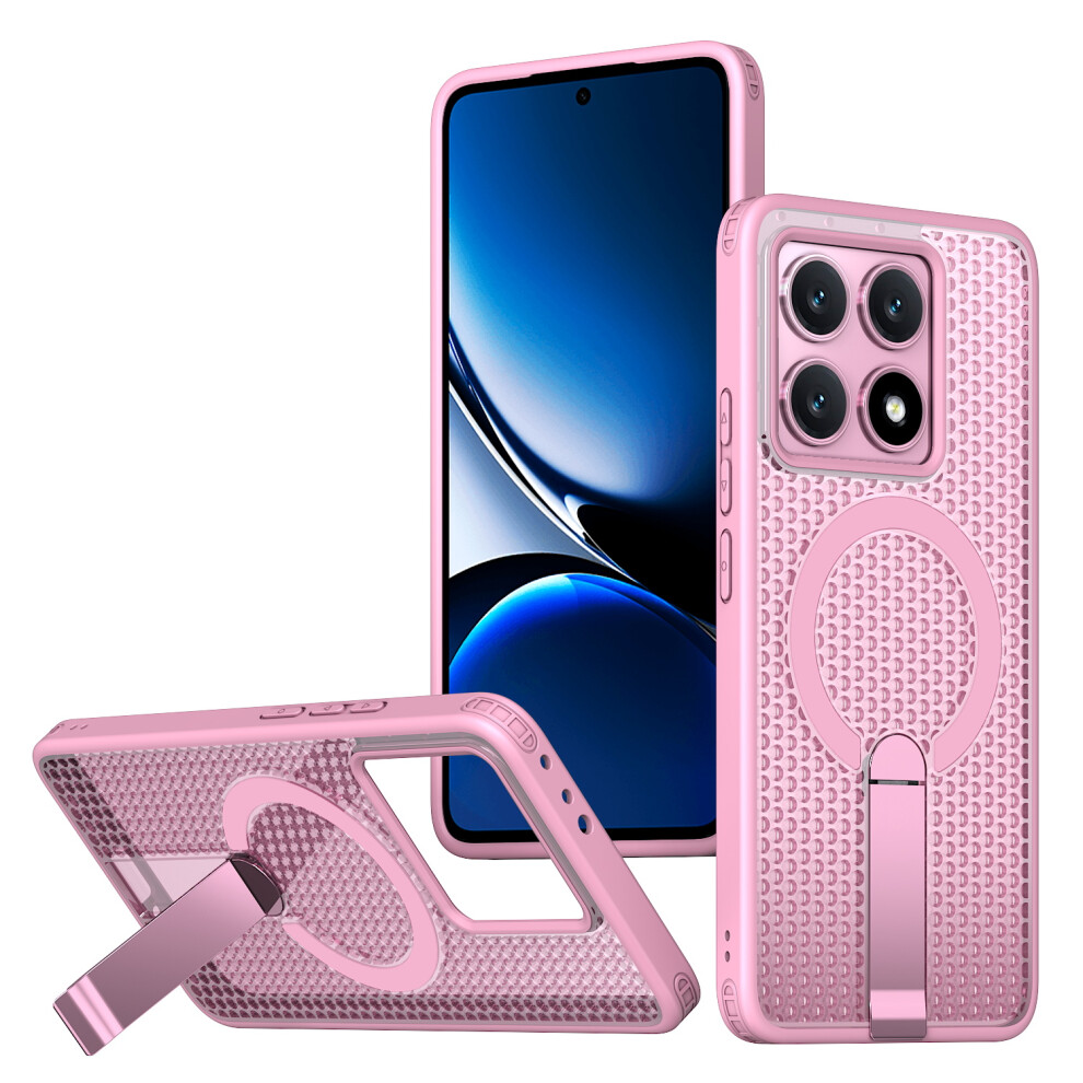 (Pink) For Xiaomi 14T Pro Magnetic Case Kickstand Grid Texture Tpu Pc Phone Back Cover Pink 6914294414358