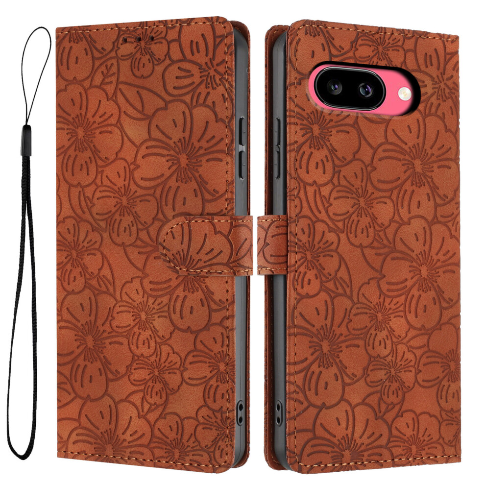 (Brown) For Google Pixel 10A Flip Case Cherry Blossom Pattern Leather Wallet Stand Phone Cover With Wrist Strap Red,Brown 6914296696110