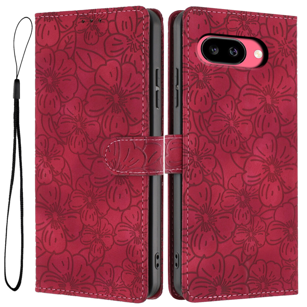 (Wine ) For Google Pixel 10A Flip Case Cherry Blossom Pattern Leather Wallet Stand Phone Cover With Wrist Strap Red 6914297635514