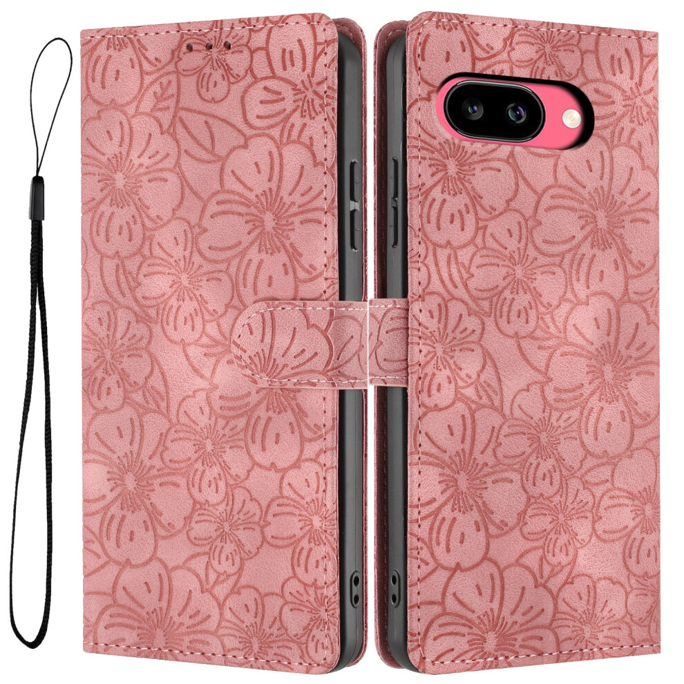 (Pink) For Google Pixel 10A Flip Case Cherry Blossom Pattern Leather Wallet Stand Phone Cover With Wrist Strap Pink,Red 6914292545245