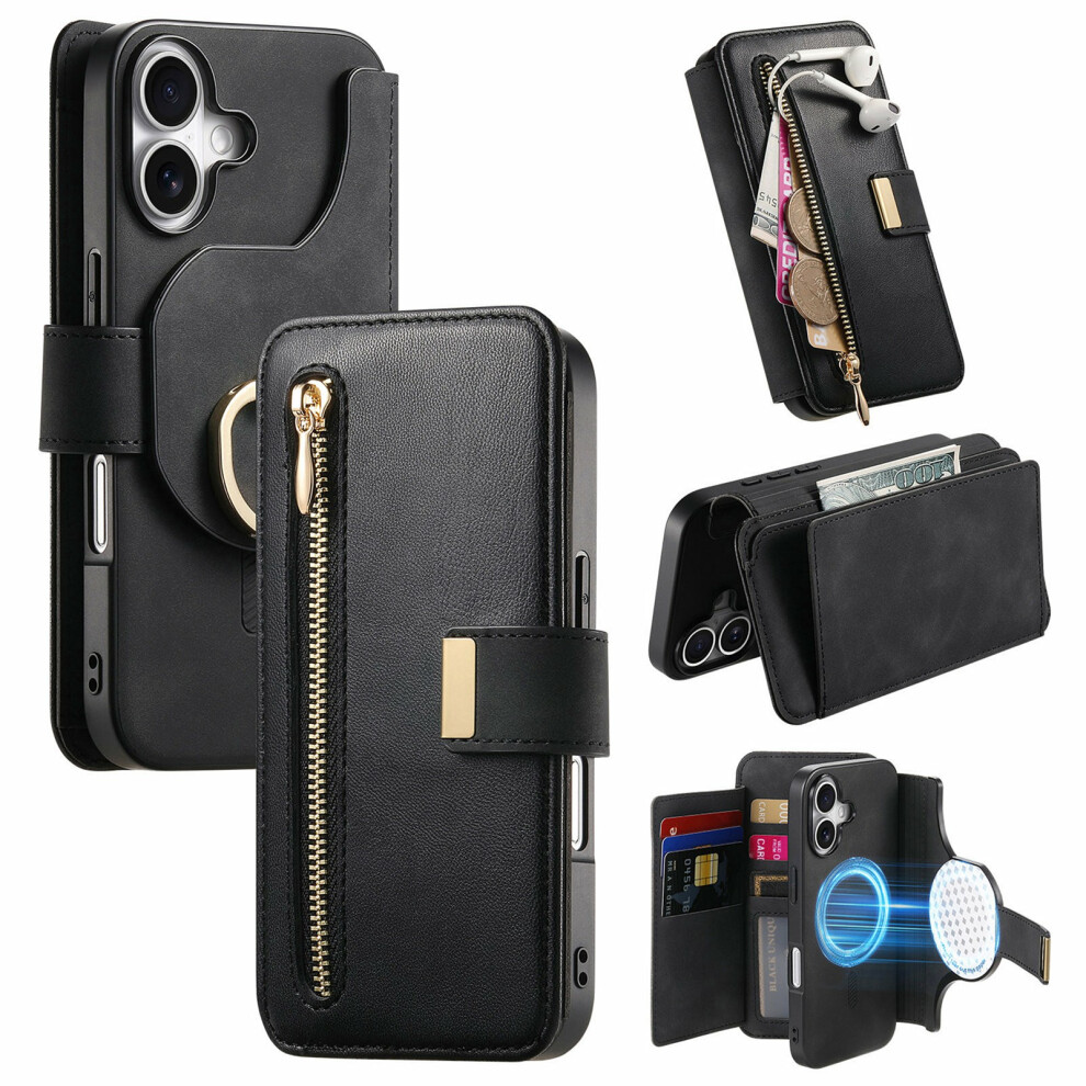 (Black) For Iphone 17 Magnetic Leather Case With Detachable Rfid Blocking Zipper Wallet Cover Black 6914295864701