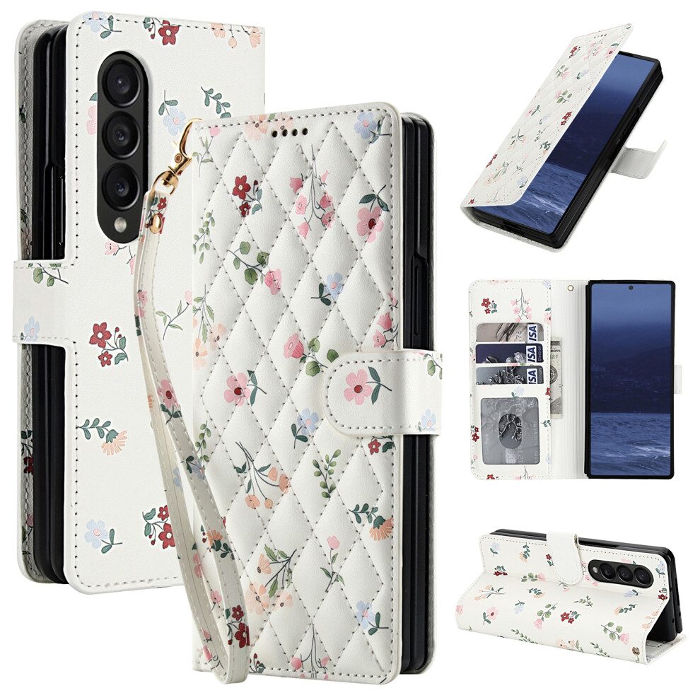 (A1) For Samsung Galaxy Z Fold4 5G Wallet Case Rhombic Floral Design Leather Flip Phone Cover With Strap 6914297685175