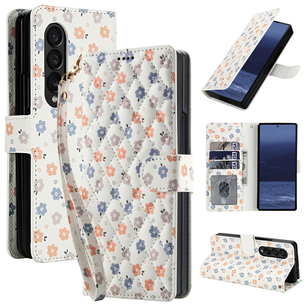 (A4) For Samsung Galaxy Z Fold4 5G Wallet Case Rhombic Floral Design Leather Flip Phone Cover With Strap 6914297087061