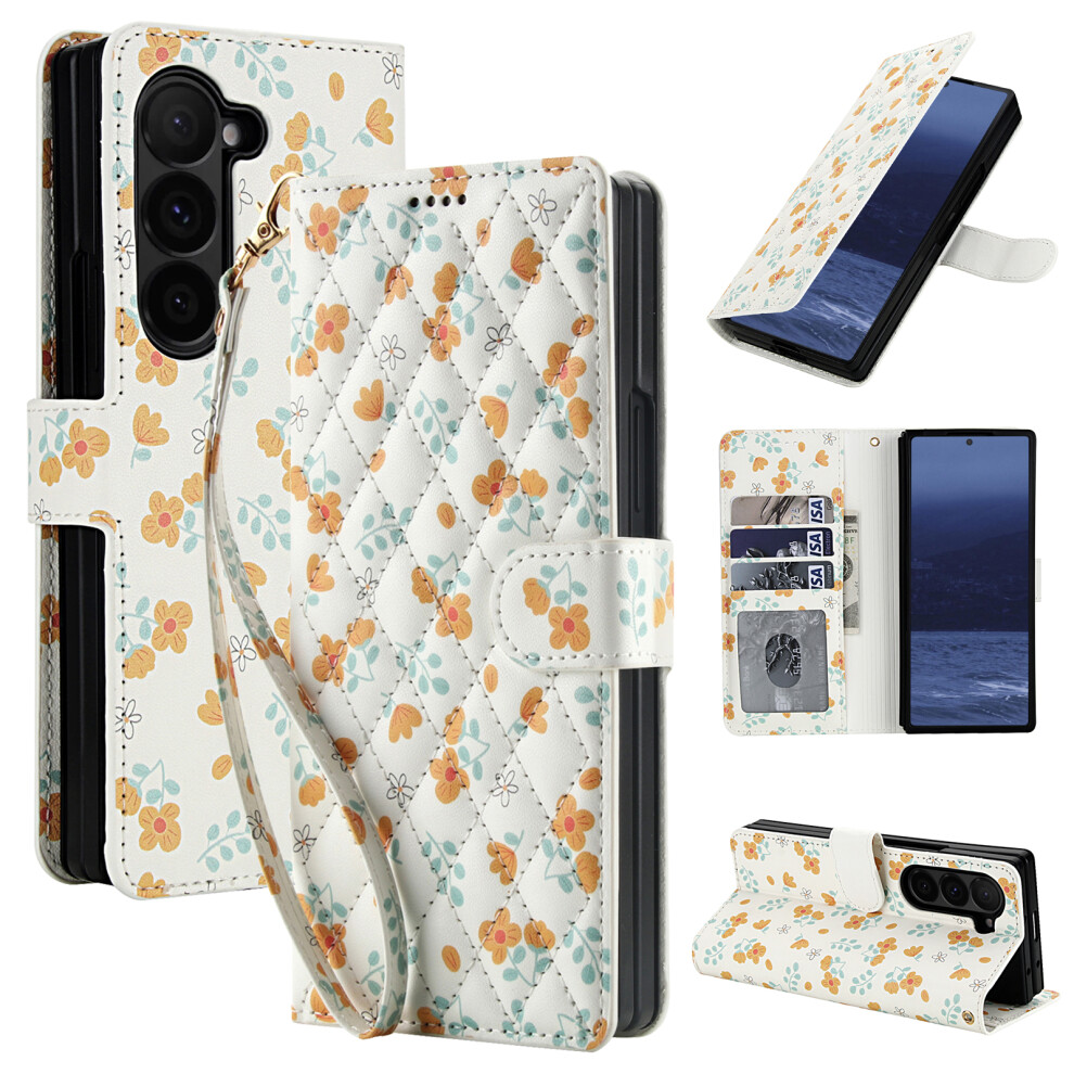 (A3) For Samsung Galaxy Z Fold5 5G Wallet Case Rhombic Floral Design Leather Flip Phone Cover With Strap 6914296951660