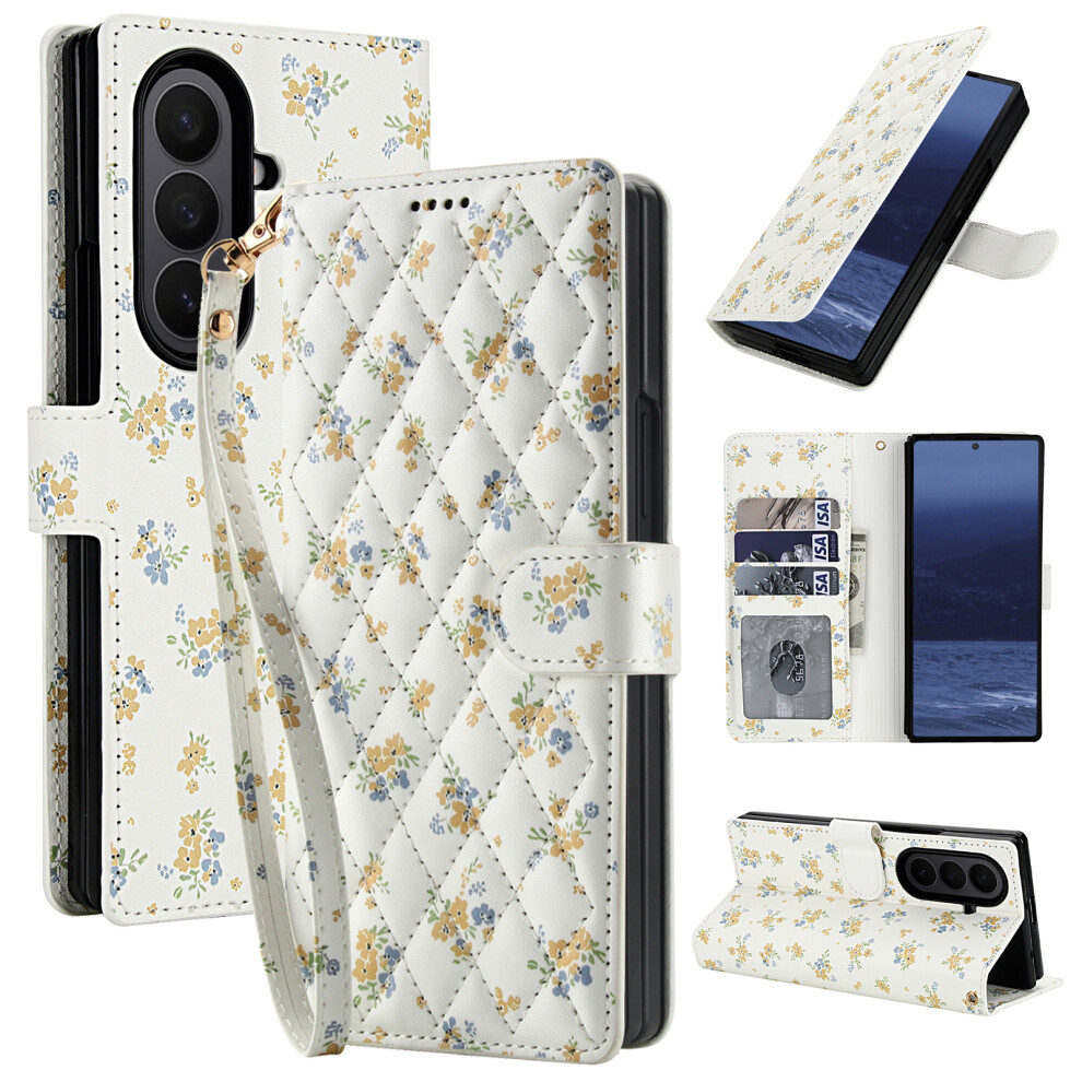 (A5) For Samsung Galaxy Z Fold7 5G Wallet Case Rhombic Floral Design Leather Flip Phone Cover With Strap 6914298514917