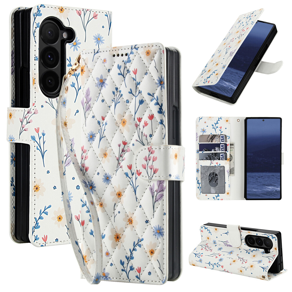 (A2) For Samsung Galaxy Z Fold6 5G Wallet Case Rhombic Floral Design Leather Flip Phone Cover With Strap 6914294576094