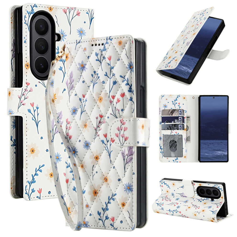 (A2) For Samsung Galaxy Z Fold7 5G Wallet Case Rhombic Floral Design Leather Flip Phone Cover With Strap 6914290804788