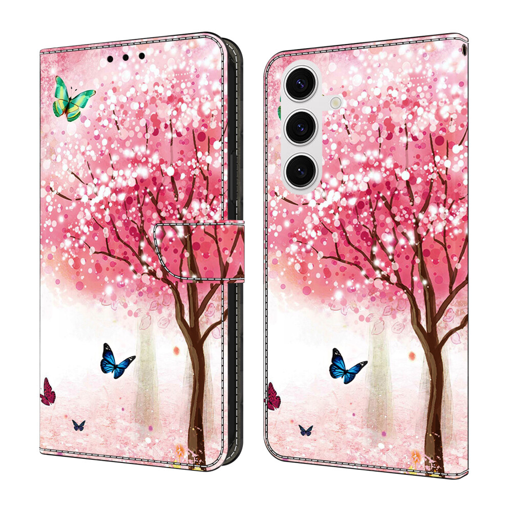 (Cherry Blossom Butterfly) For Samsung Galaxy S25 Fe Case Foldable Stand Wallet Pattern Printing Pu Leather Flip Phone Cover Red 6914296834079