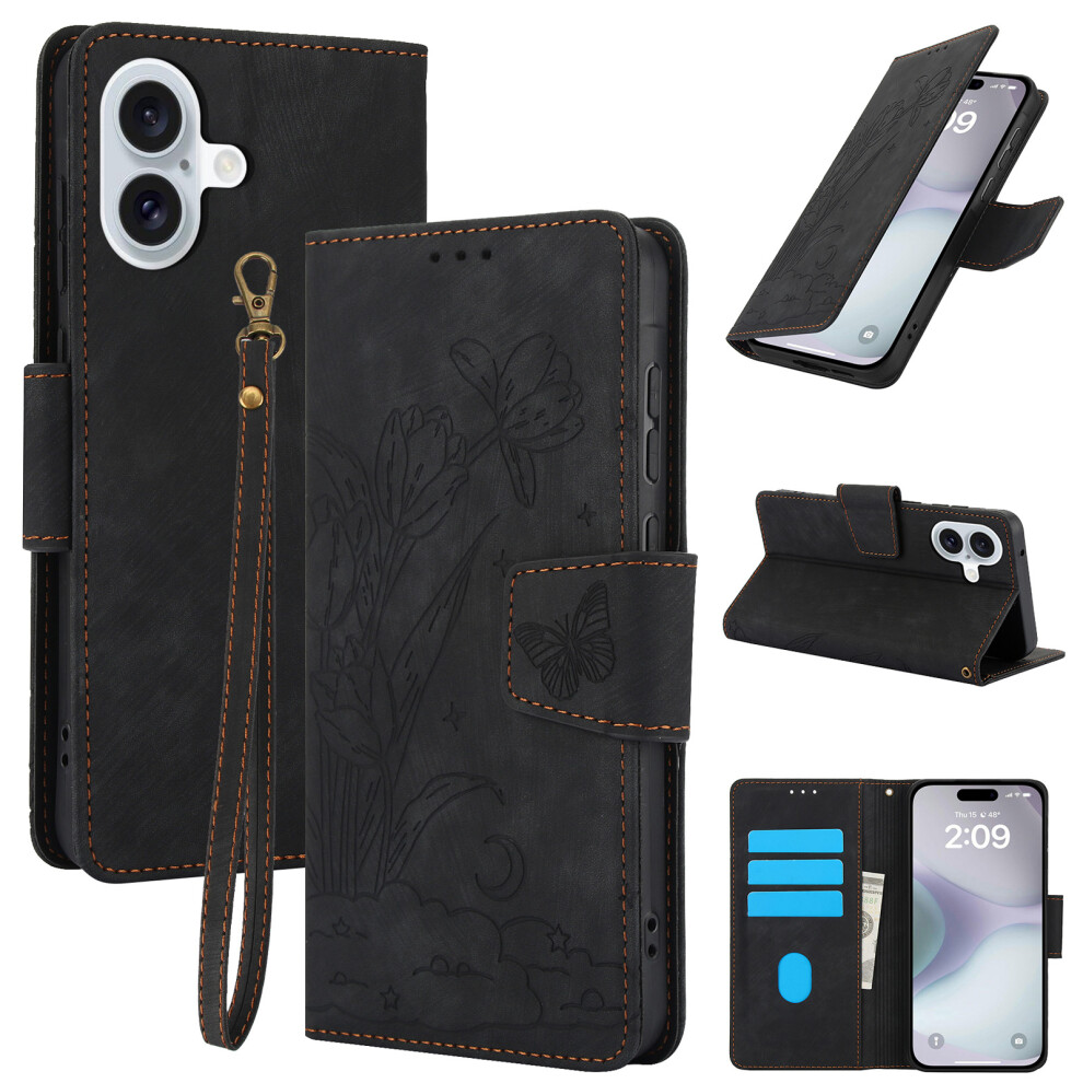 (Black) Sy-001 For Iphone 17 Case Flower Butterfly Leather Wallet Phone Cover With Hand Strap Black 6914298601945