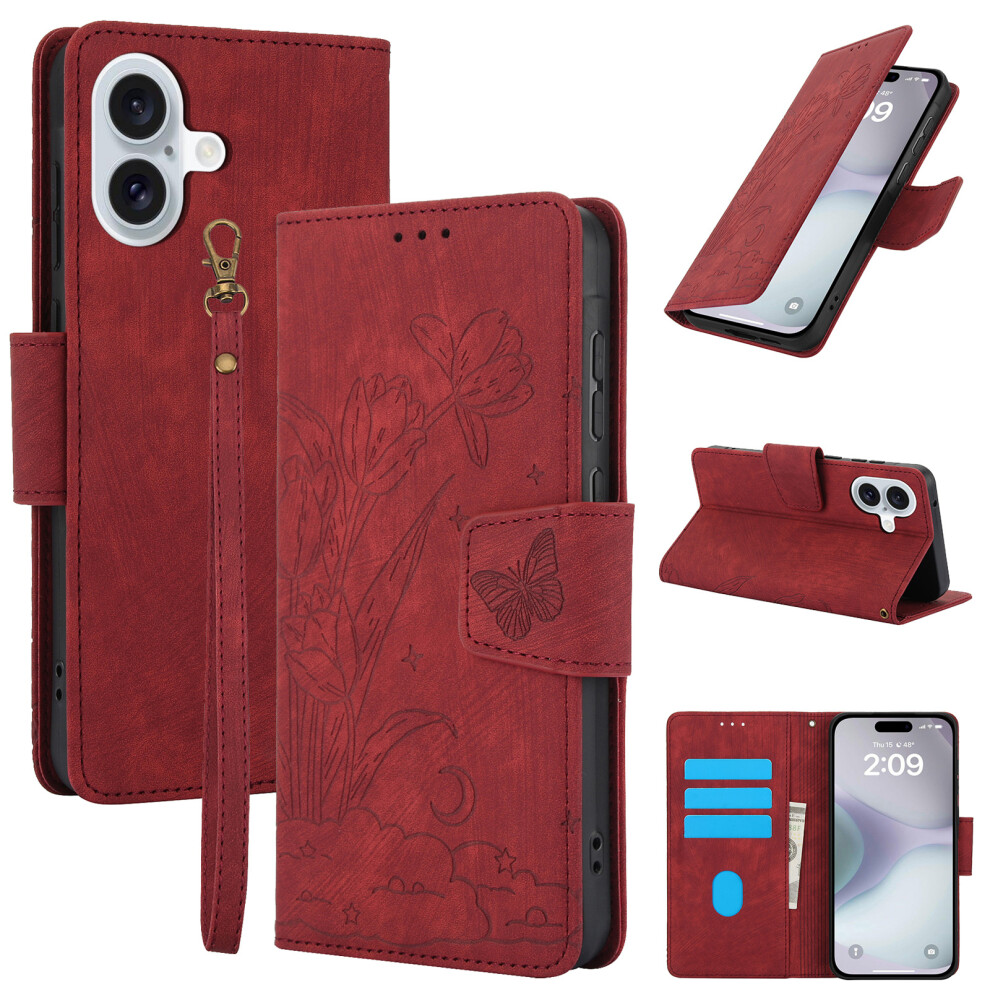 (Red) Sy-001 For Iphone 17 Case Flower Butterfly Leather Wallet Phone Cover With Hand Strap Red 6914294205215