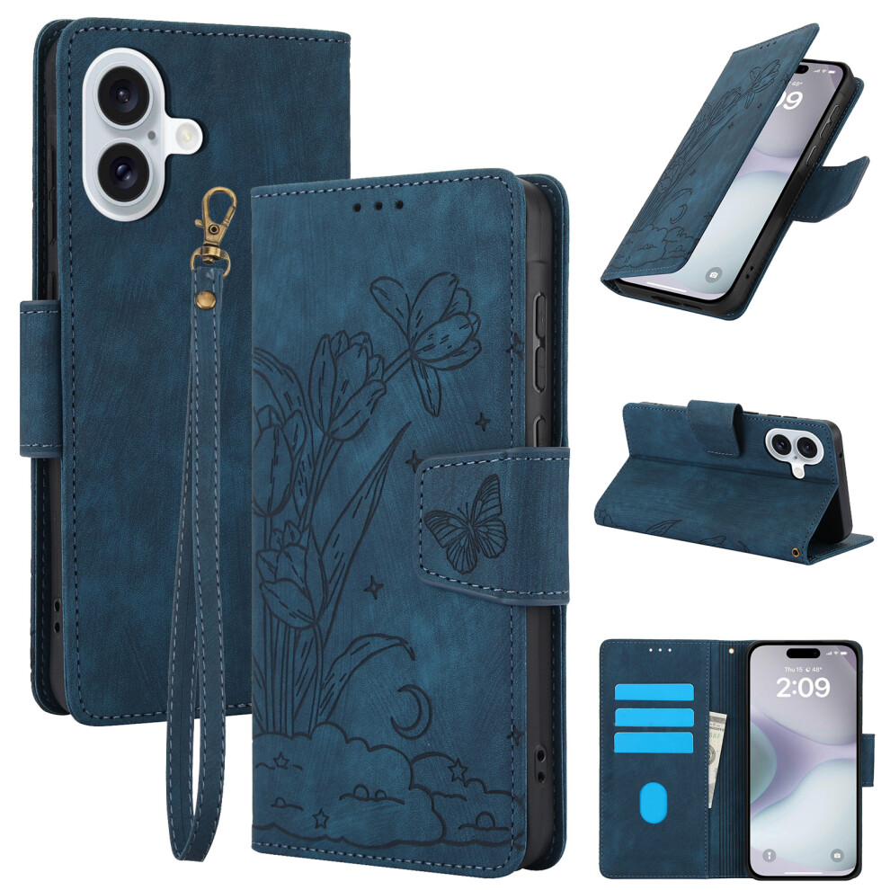 (Blue) Sy-001 For Iphone 17 Case Flower Butterfly Leather Wallet Phone Cover With Hand Strap Blue 6914294642133