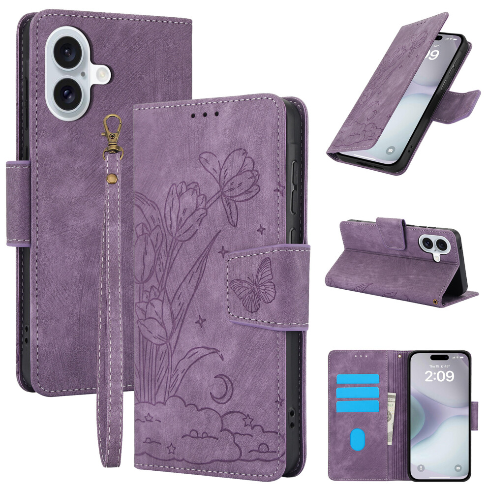 (Purple) Sy-001 For Iphone 17 Case Flower Butterfly Leather Wallet Phone Cover With Hand Strap Purple 6914294573413