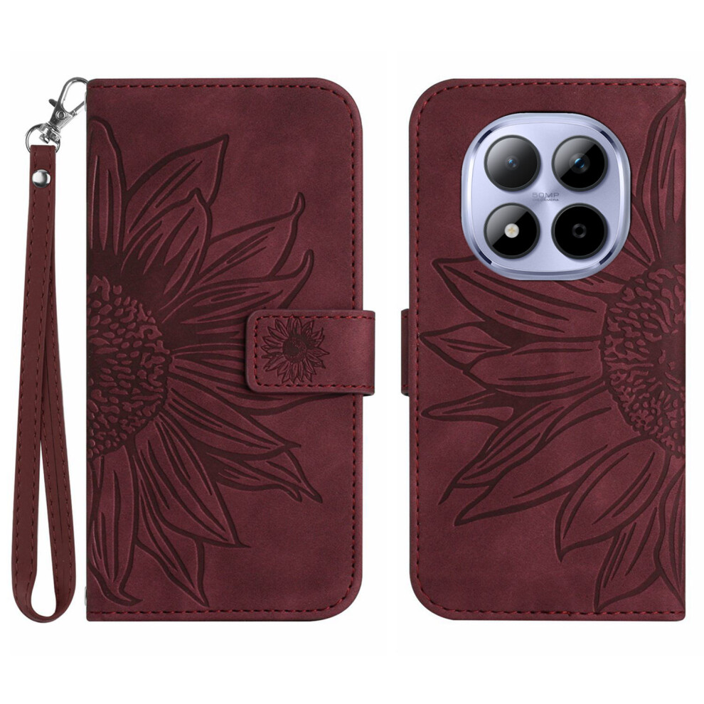 (Wine ) For Xiaomi Poco M8 Pro 5G / Mi Note 15 Pro+ 5G (Global) Case Sunflower Imprint Leather Wallet Phone Cover With Wrist Red 6914296873337