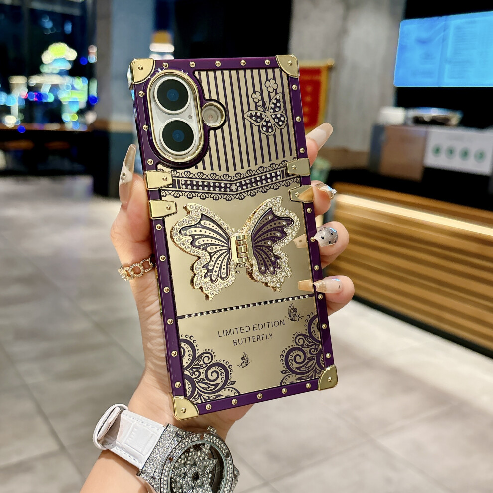 (Dark ) For Iphone 17 Case Electroplated Tpu + Pc Phone Cover With Butterfly Kickstand Purple 6914296668247