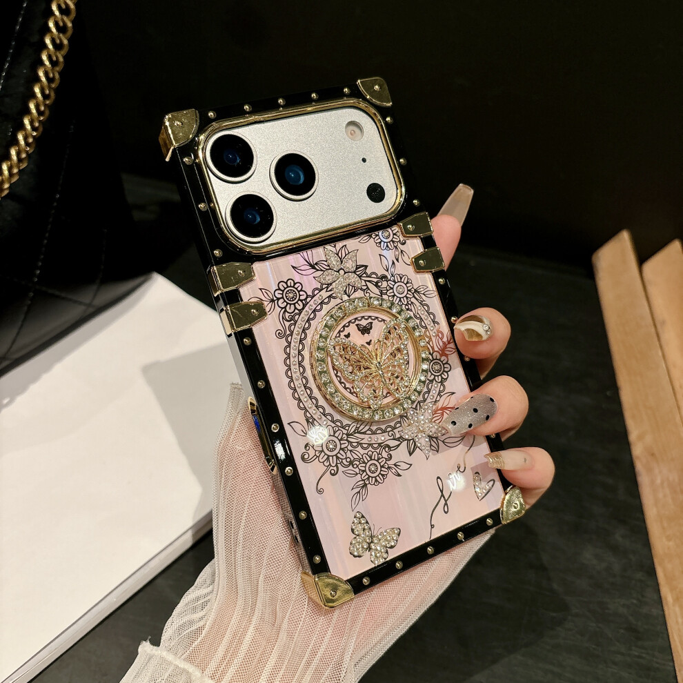 (Pink) For Iphone 17 Pro Cases Rhinestone Decor Butterfly Pattern Tpu + Pc Phone Cover Pink 6914297255941