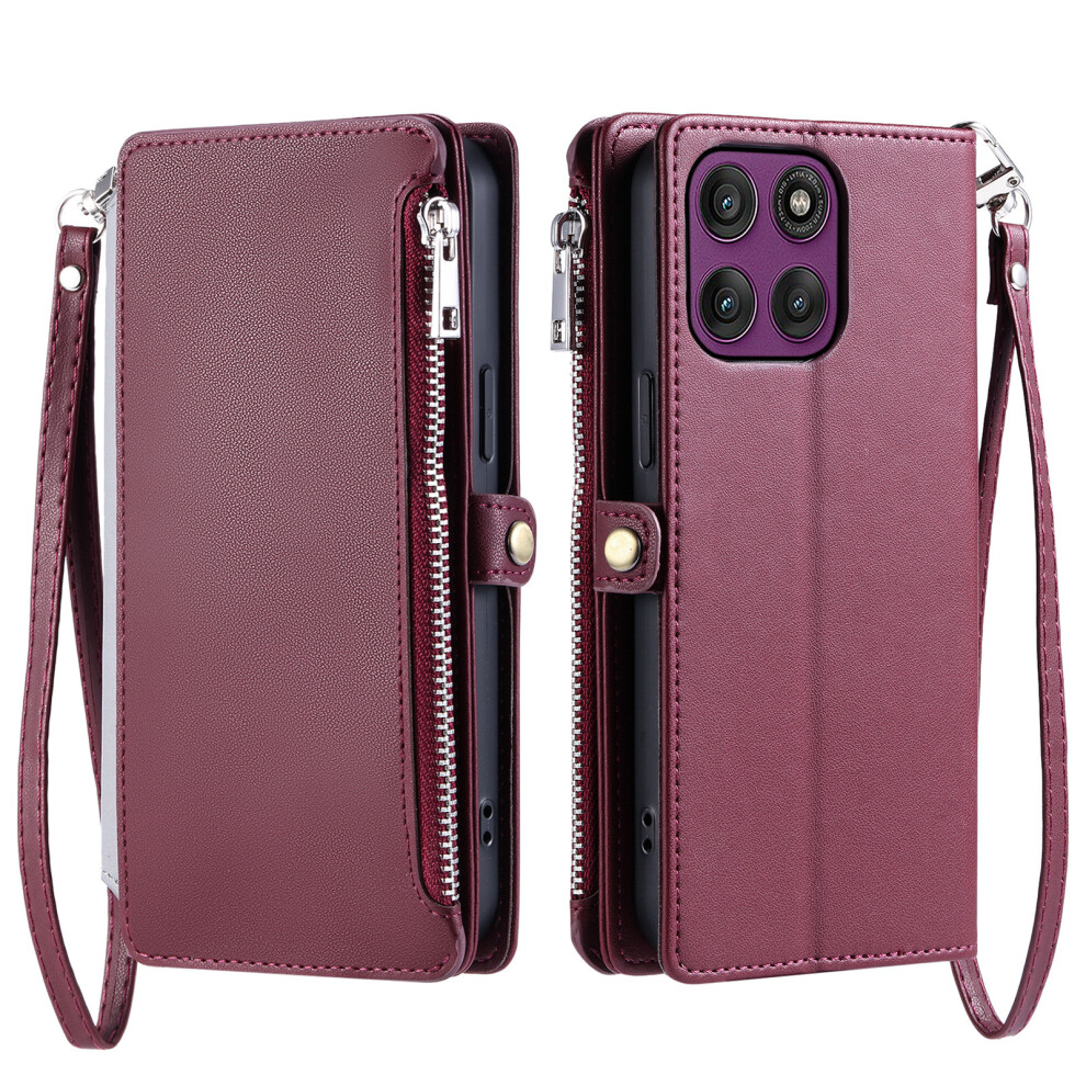 (Wine ) For Motorola Edge 70 5G Case Tpu + Pu Leather Wallet Phone Cover With Wrist Strap Red 6914294730502