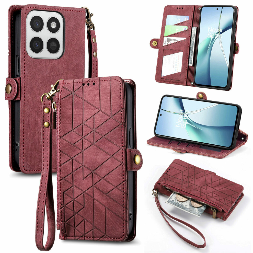(Red) Phone Case For Honor 400 Smart 5G / 400 Smart 4G / X7d 4G / X7d 5G Zipper Wallet Geometry Lines Leather Phone Cove Red 6914290374120