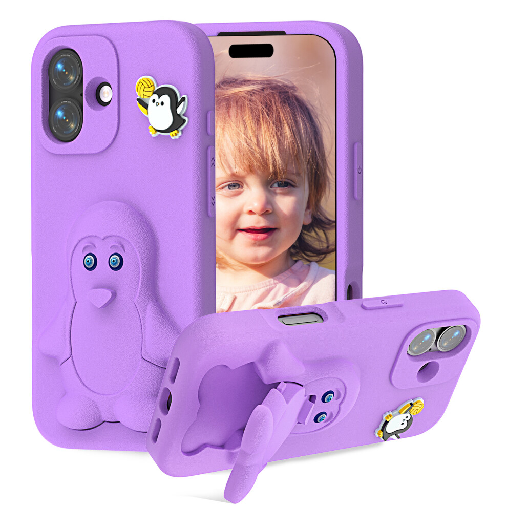 (Purple) For Iphone 16 Case Penguin Design Kickstand Shockproof Eva Phone Cover Purple 6914293074294