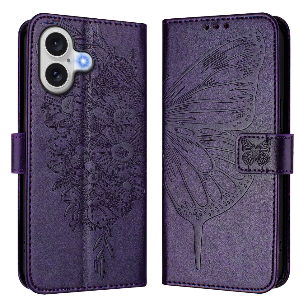 (Dark ) For Iphone 17 Wallet Case With Wrist Strap Butterfly Imprint Leather Phone Cover Purple 6914296954104