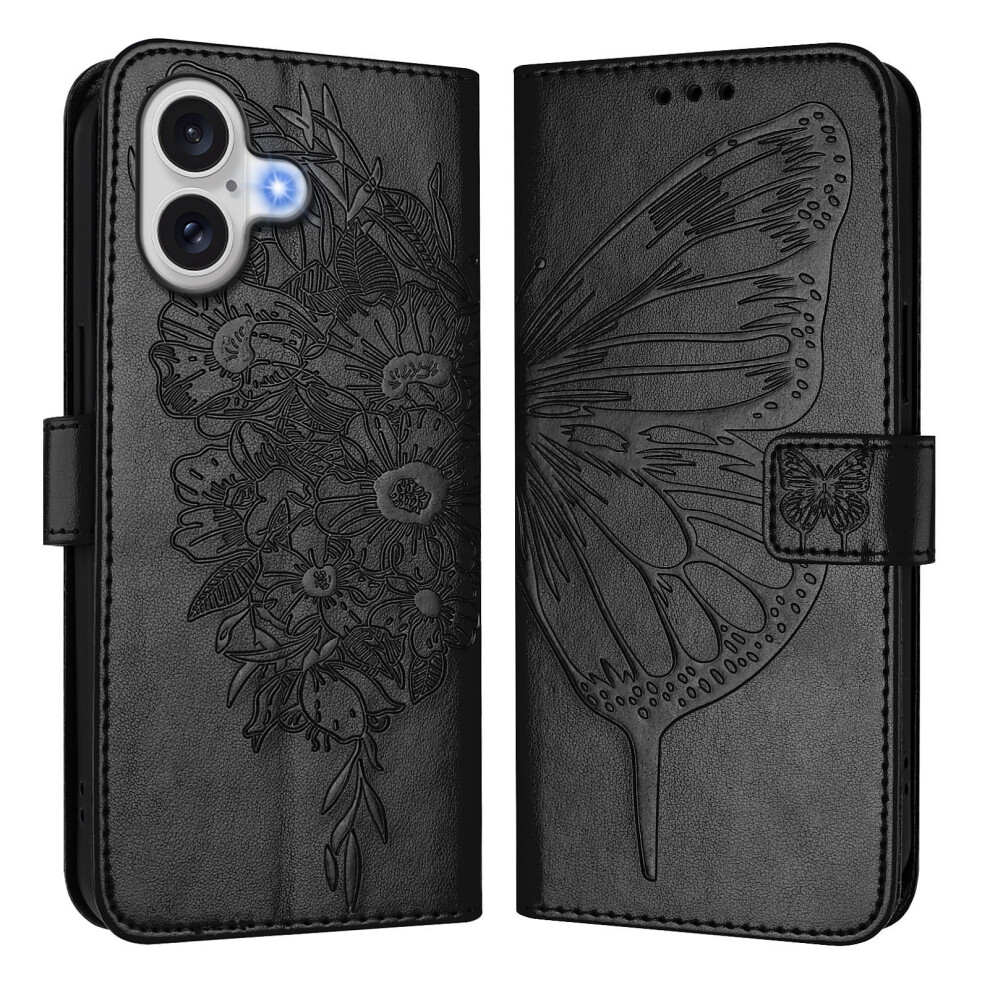 (Black) For Iphone 17 Wallet Case With Wrist Strap Butterfly Imprint Leather Phone Cover Black 6914299158653