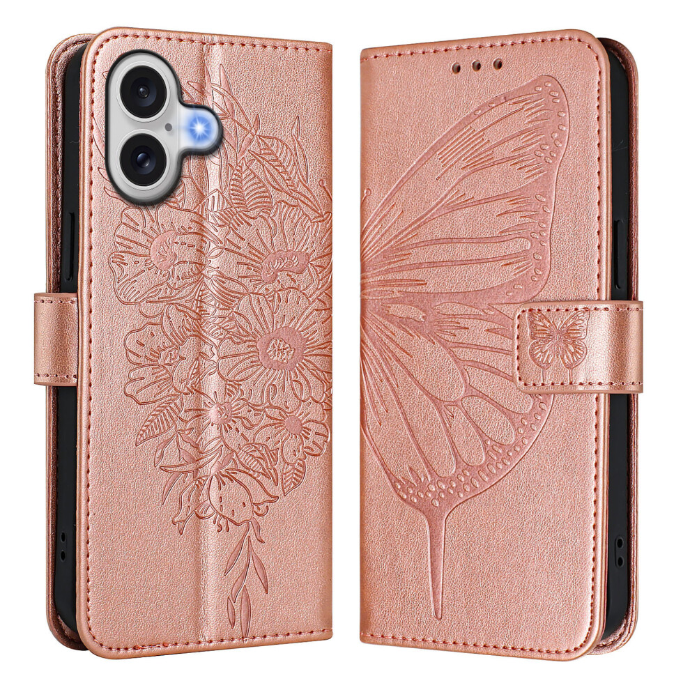 (Rose ) For Iphone 17 Wallet Case With Wrist Strap Butterfly Imprint Leather Phone Cover Gold 6914296498769