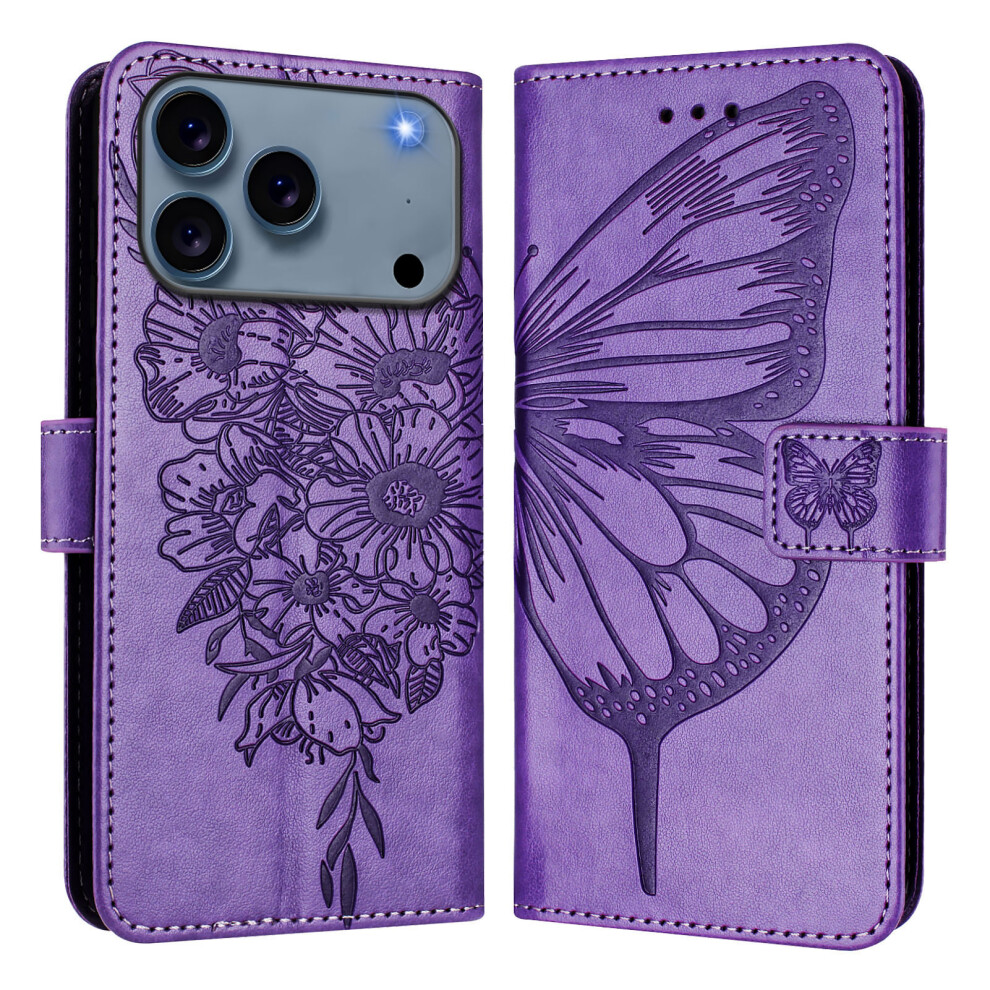 (Purple) For Iphone 17 Pro Wallet Case With Wrist Strap Butterfly Imprint Leather Phone Cover Purple 6914291955069