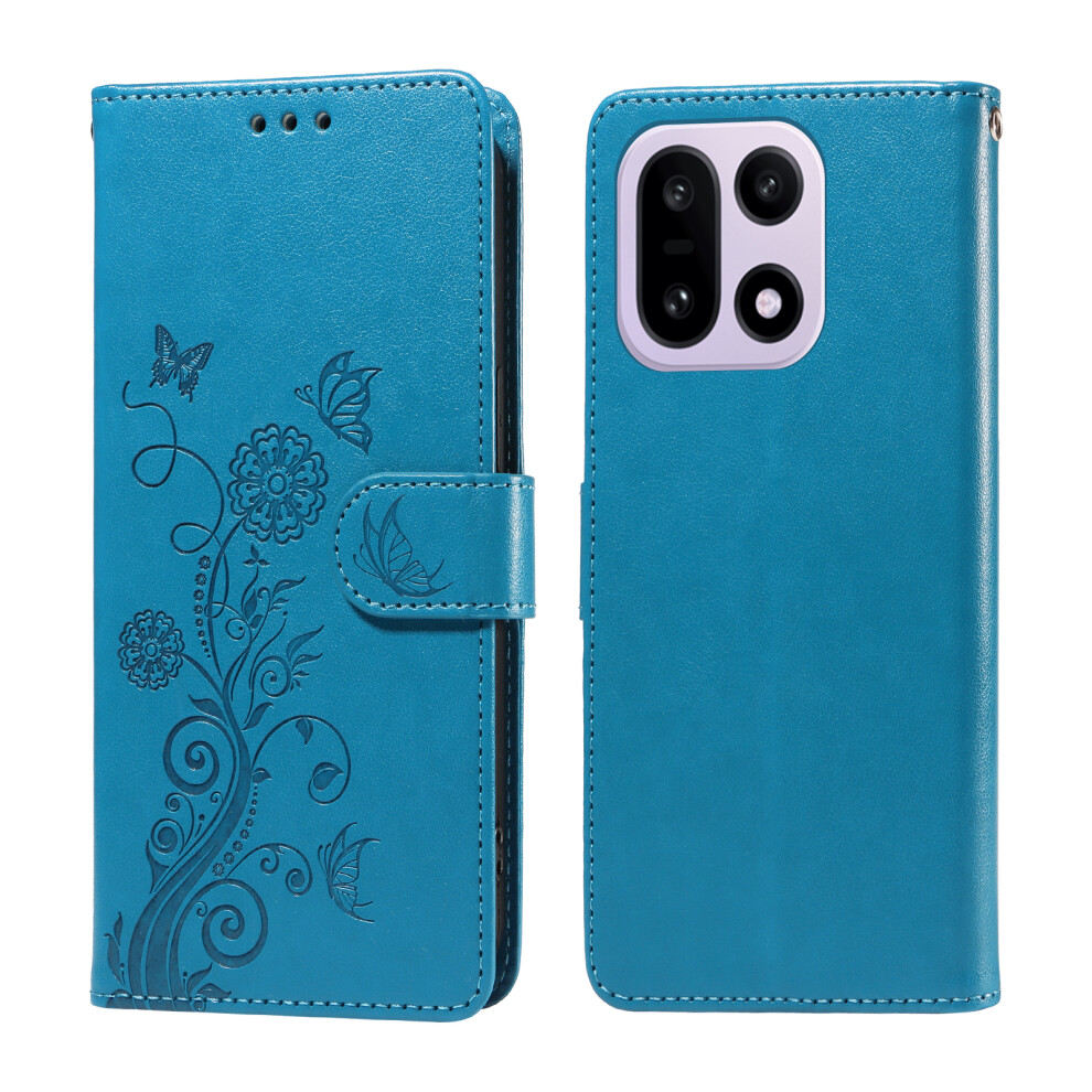 (Blue) For Oneplus 15 5G Leather Case Butterfly Floral Imprint Wallet Stand Cover Blue 6914297187358