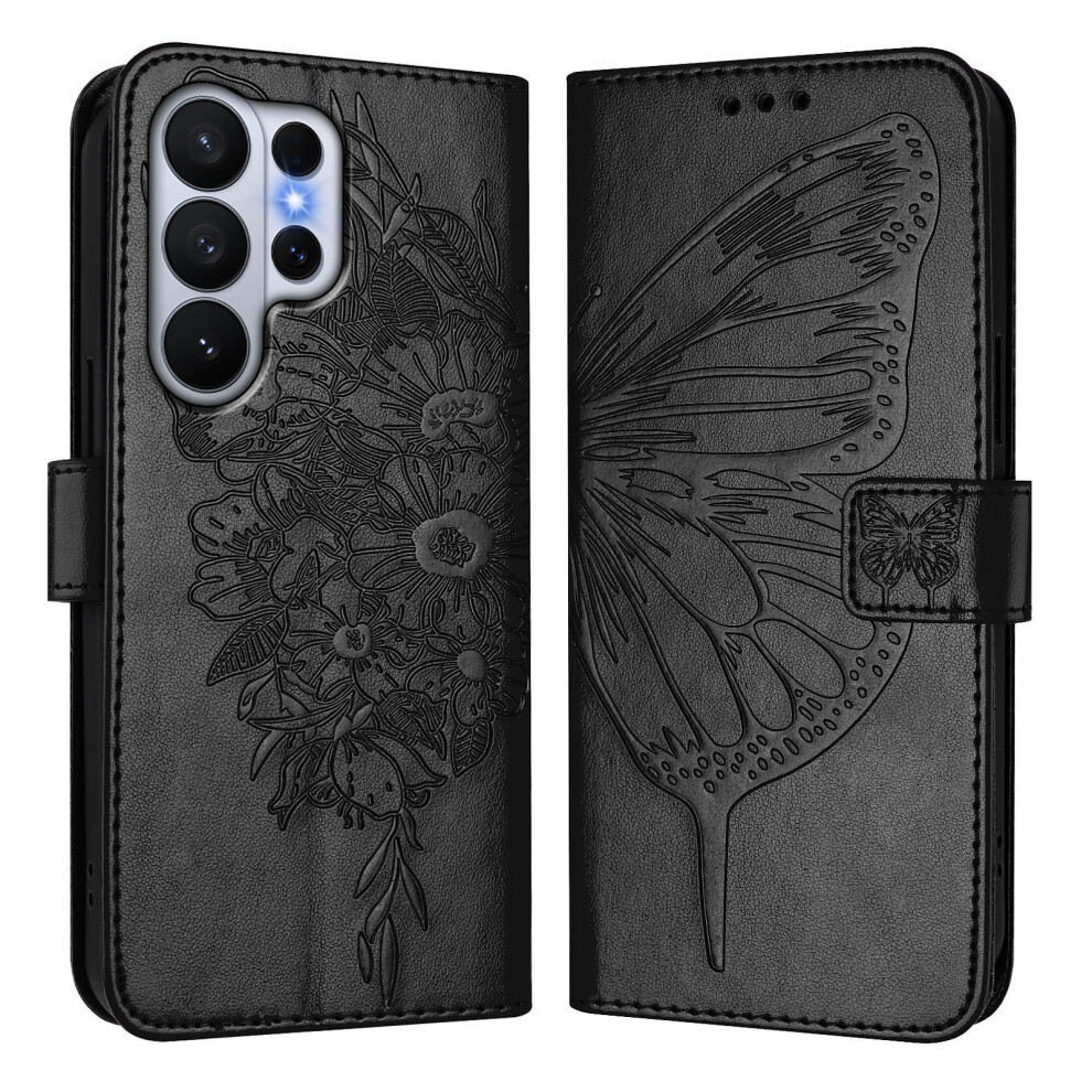 (Black) For Samsung Galaxy S26 Ultra Wallet Case With Wrist Strap Butterfly Imprint Leather Phone Cover Black 6914299306221
