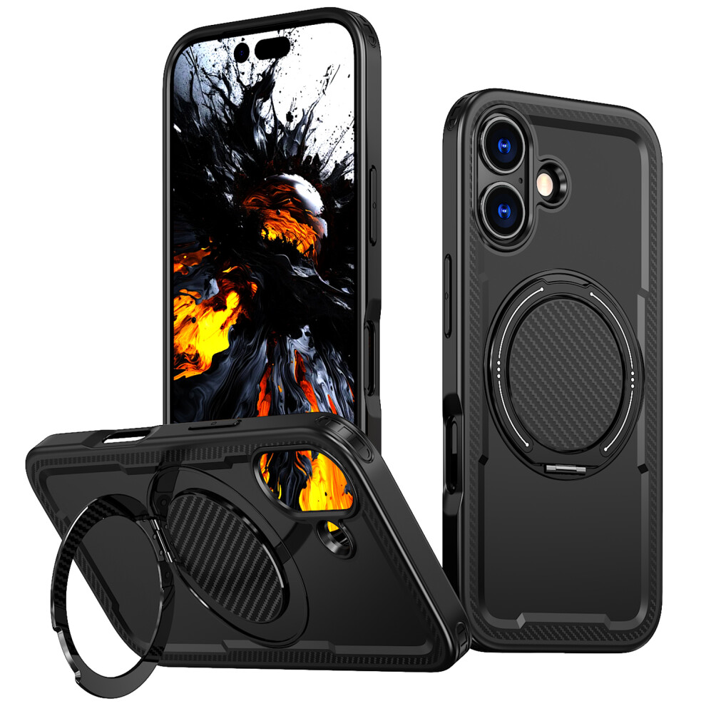 (Black) For Iphone 17 Case Compatible With Magsafe Tpu + Pc Phone Cover With Damping Rotating Stand Black 6914298668894
