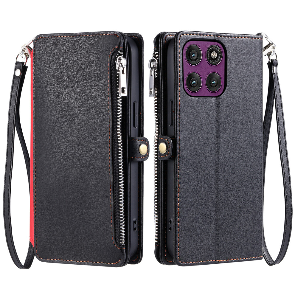 (Black) For Motorola Moto G67 Power 5G / G37 Power 5G Case Tpu + Pu Leather Wallet Phone Cover With Wrist Strap Black 6914297392578