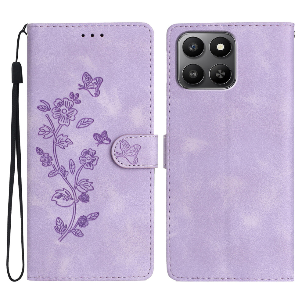 (Purple) Leather Case For Honor 400 Smart 5G / 4G / X7d 4G Imprinted Flower Phone Cover With Wrist Strap Purple 6914296315301