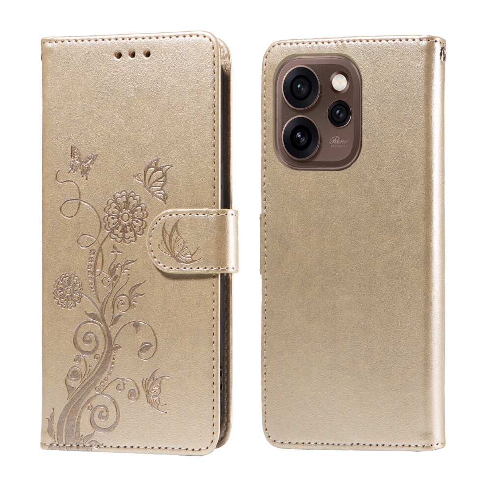 (Golden) For Oppo Reno15 Pro 5G (Global) / Reno15 5G (China) Leather Case Butterfly Floral Imprint Wallet Stand Cover Golden 6914292284458