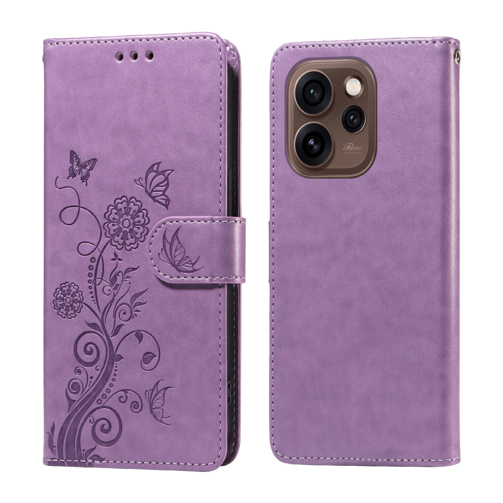 (Purple) For Oppo Reno15 Pro 5G (Global) / Reno15 5G (China) Leather Case Butterfly Floral Imprint Wallet Stand Cover Purple 6914299600770