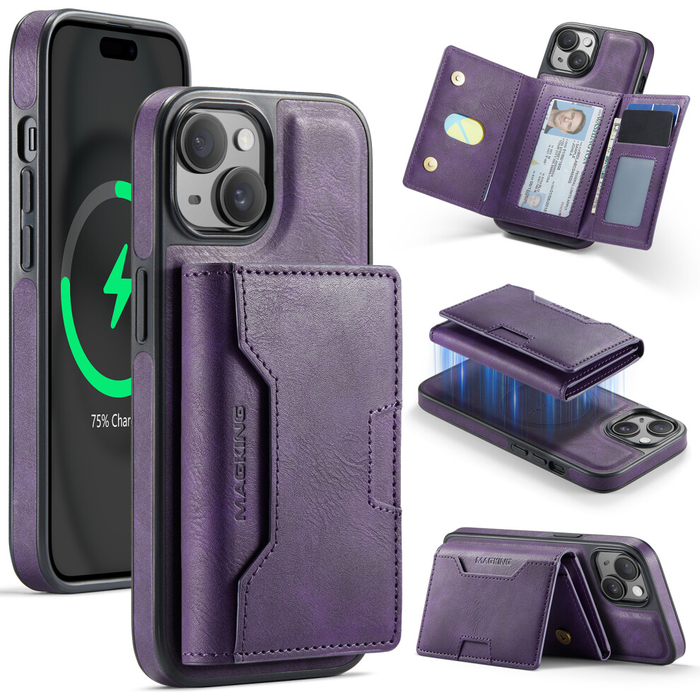 (Purple) Magking K4 Series For Iphone 15 Case Compatible With Magsafe Detachable Wallet Pu Tpu Pc Phone Cover Purple 6914292544231