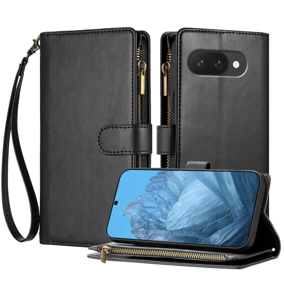(Black) For Google Pixel 9A Leather Case Zipper Wallet Stand Shockproof Phone Cover With Wrist Strap Black 6914298460924