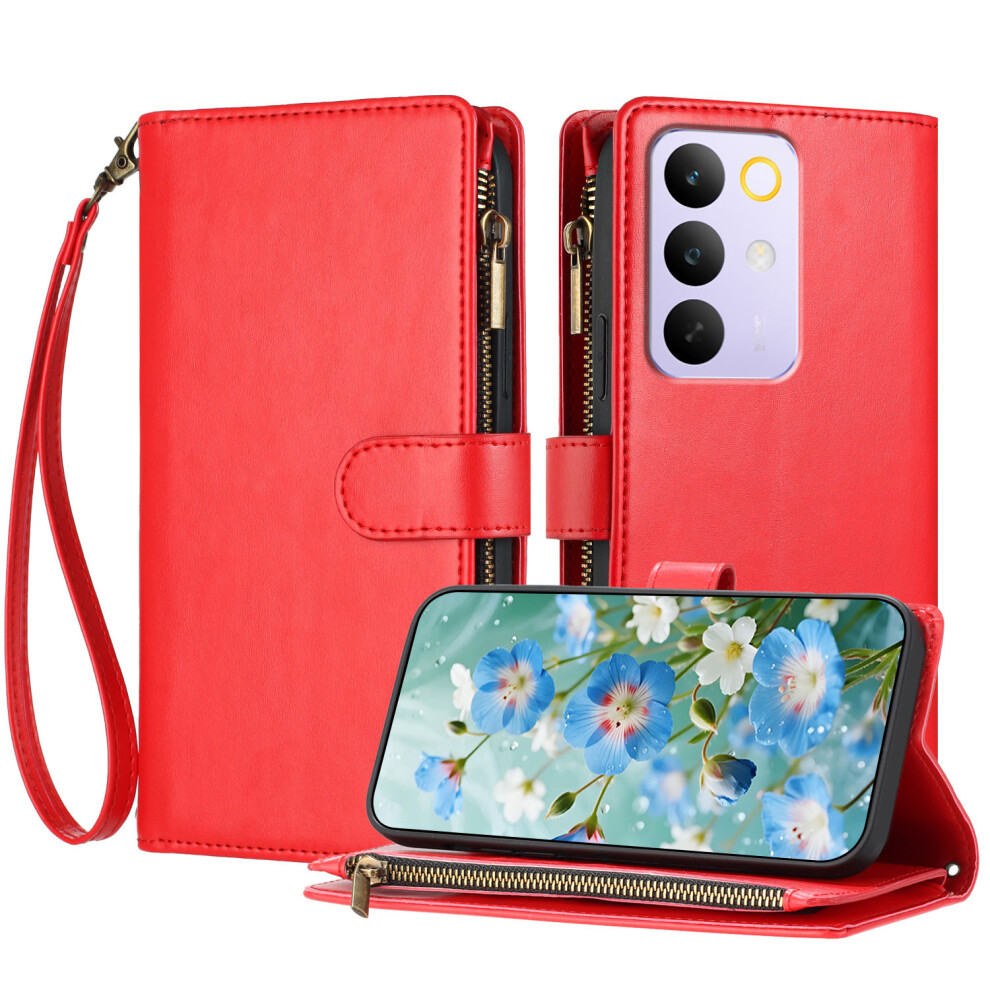 (Red) For Realme C85 5G Leather Case Zipper Wallet Stand Shockproof Phone Cover With Wrist Strap Red 6914295537117