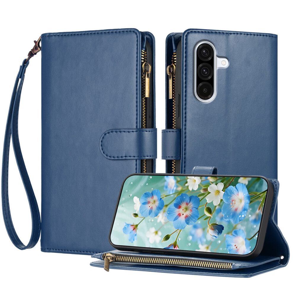 (Blue) For Samsung Galaxy A57 5G Leather Case Zipper Wallet Stand Shockproof Phone Cover With Wrist Strap Blue 6914297746142