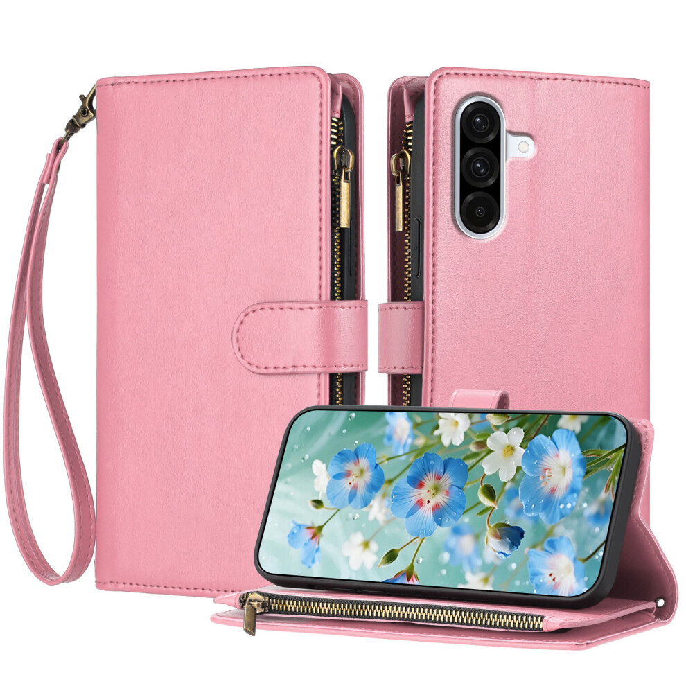 (Pink) For Samsung Galaxy A37 5G Leather Case Zipper Wallet Stand Shockproof Phone Cover With Wrist Strap Pink 6914299194644