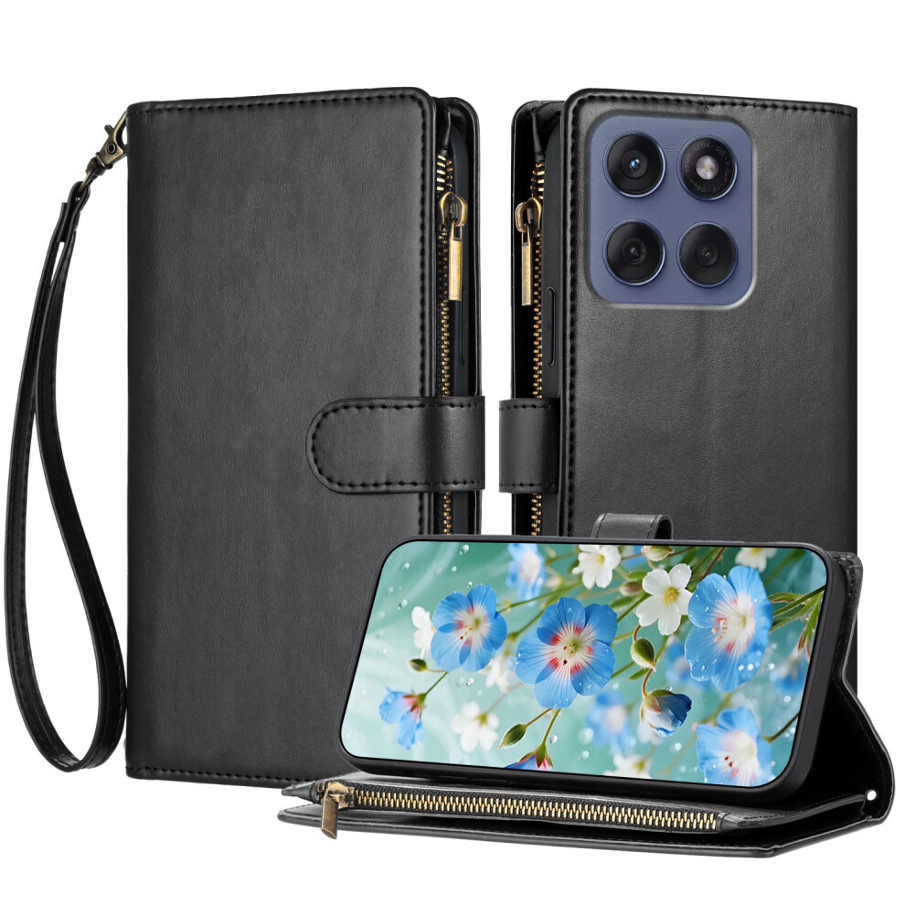 (Black) For Motorola Edge 70 5G Leather Case Zipper Wallet Stand Shockproof Phone Cover With Wrist Strap Black 6914294055353