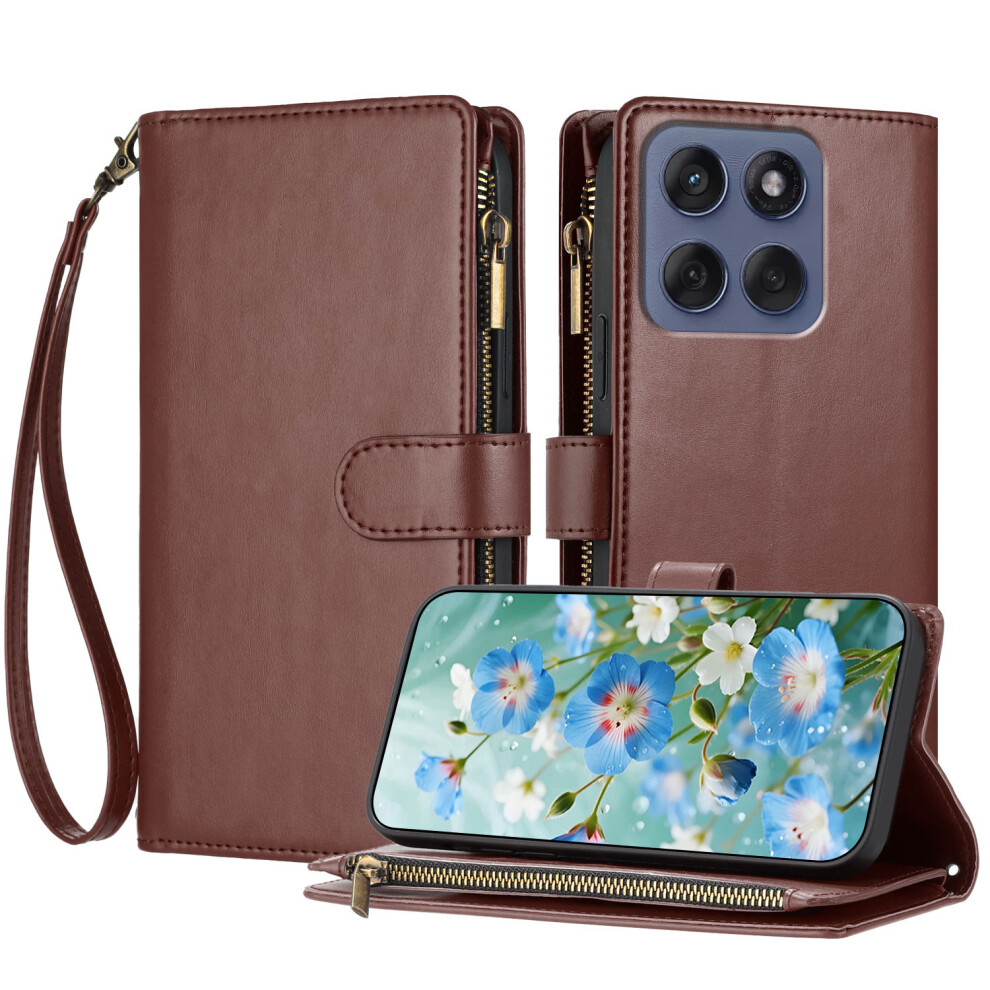 (Brown) For Motorola Edge 70 5G Leather Case Zipper Wallet Stand Shockproof Phone Cover With Wrist Strap Brown 6914290467303