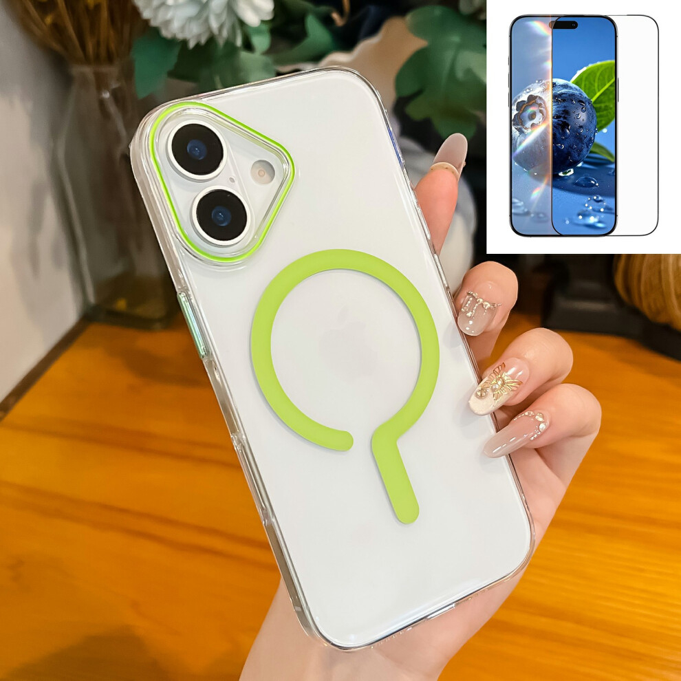 (Fluorescent ) For Iphone 17 Crystal Clear Case Compatible With Magsafe Hard Pc Phone Cover With Tempered Glass Film Green 6914293263216