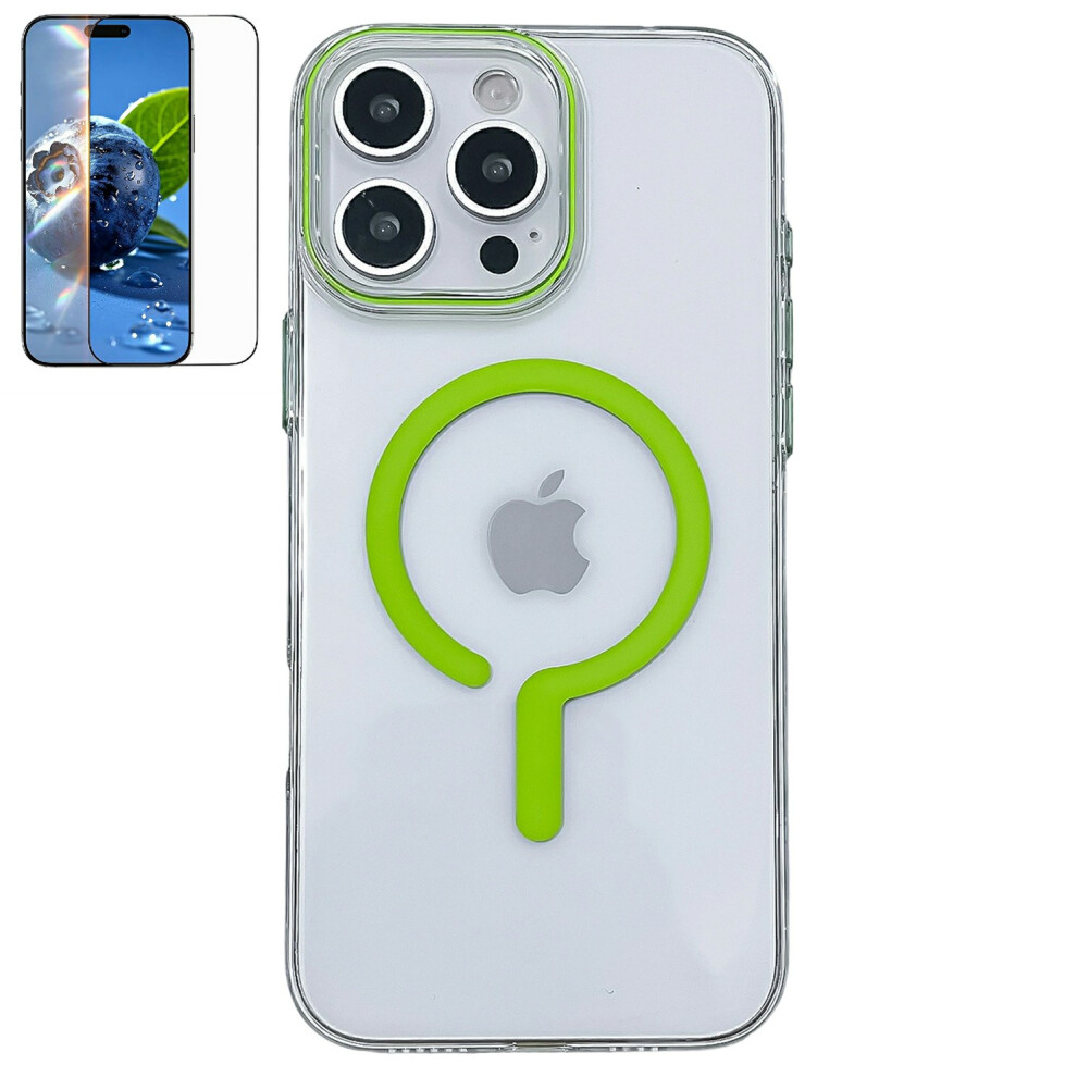 (Fluorescent ) For Iphone 16 Pro Max Crystal Clear Case Compatible With Magsafe Hard Pc Phone Cover With Tempered Glass Film Green 6914291876302