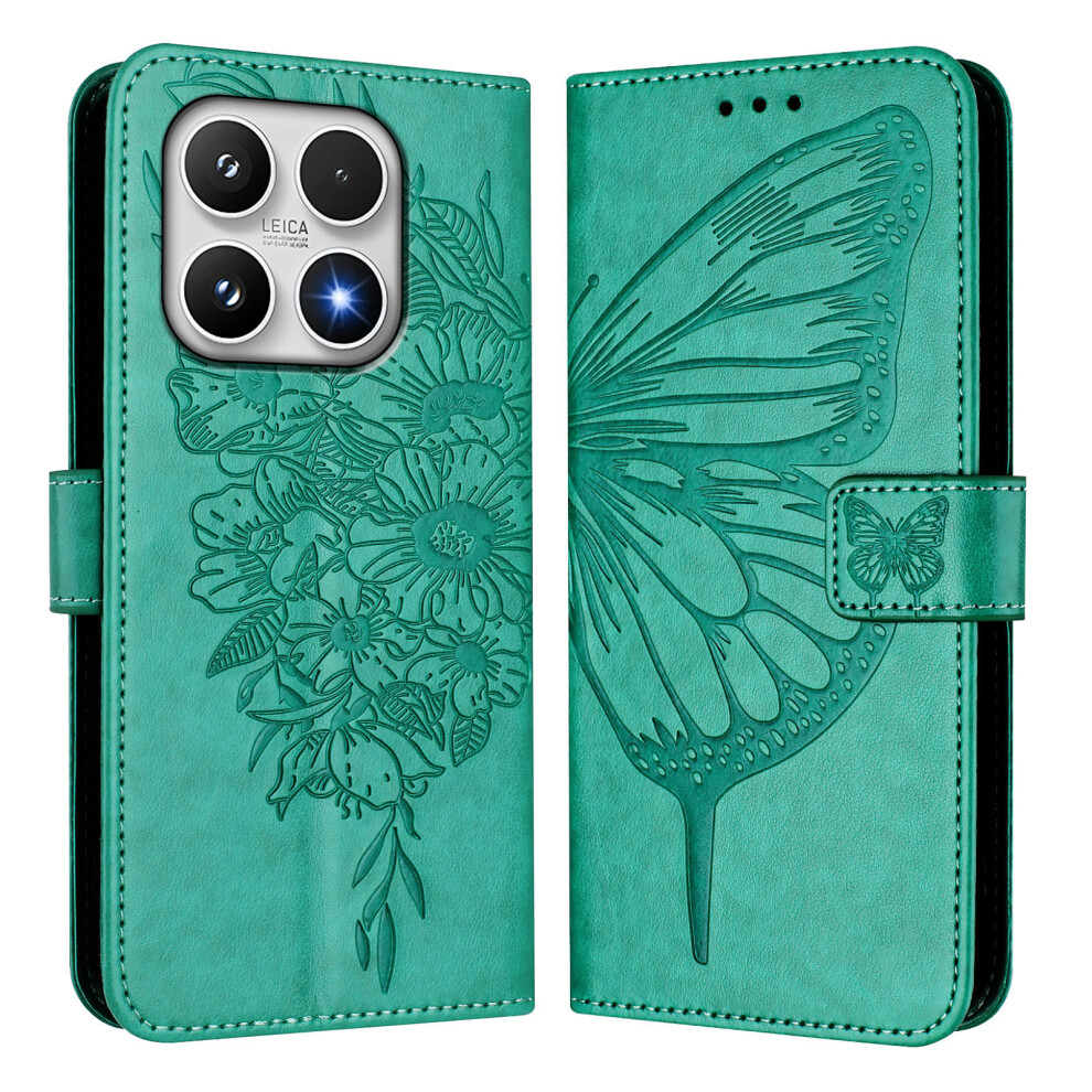 (Green) For Xiaomi 17 Wallet Case With Wrist Strap Butterfly Imprint Leather Phone Cover Green 6914299125129
