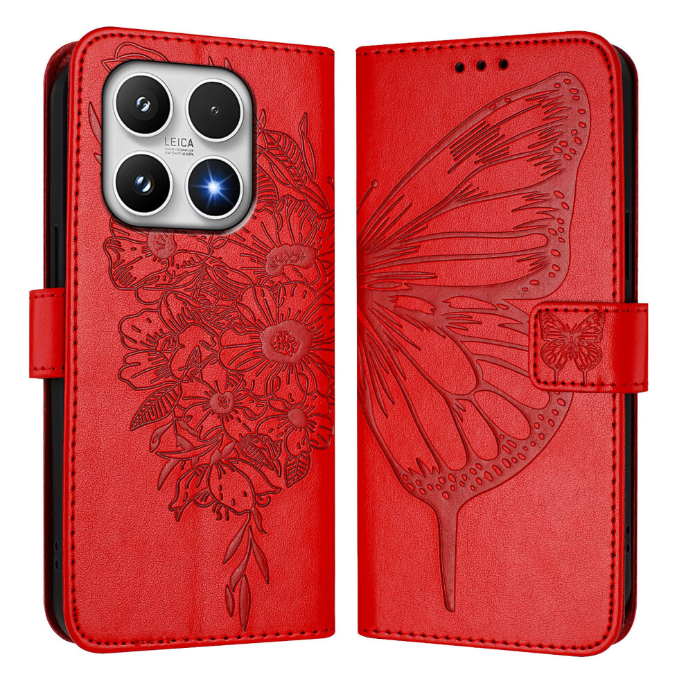 (Red) For Xiaomi 17 Wallet Case With Wrist Strap Butterfly Imprint Leather Phone Cover Red 6914291813185