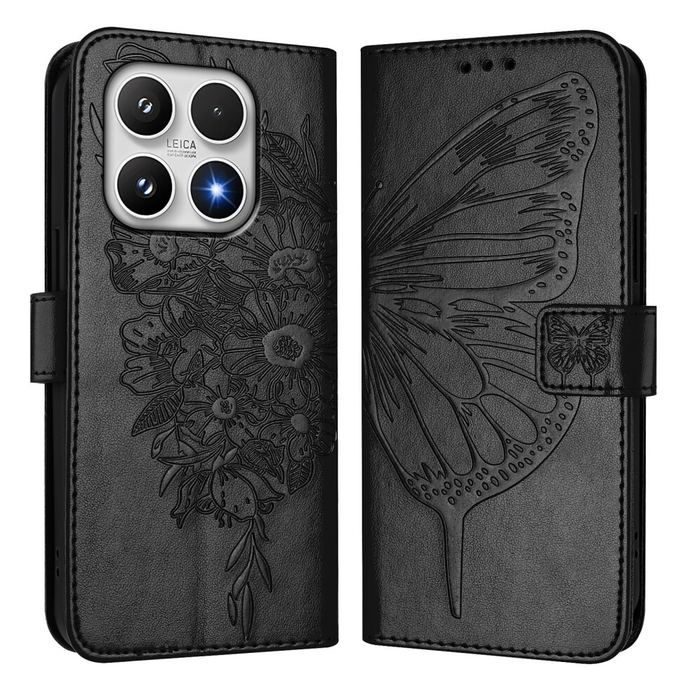 (Black) For Xiaomi 17 Wallet Case With Wrist Strap Butterfly Imprint Leather Phone Cover Black 6914291621391