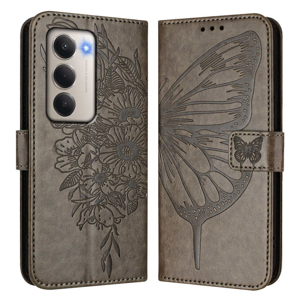 (Grey) For Xiaomi Redmi 15 5G (Global) (169Mm) Wallet Case With Wrist Strap Butterfly Imprint Leather Phone Cover Grey 6914293261687