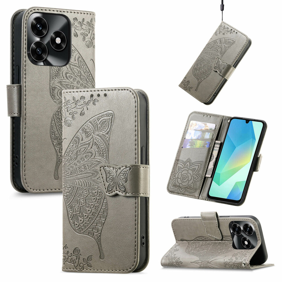 (Grey) For Honor X5c Plus 4G Case With Strap Butterfly Pattern Pu Leather Wallet Phone Cover Grey 6914297895130