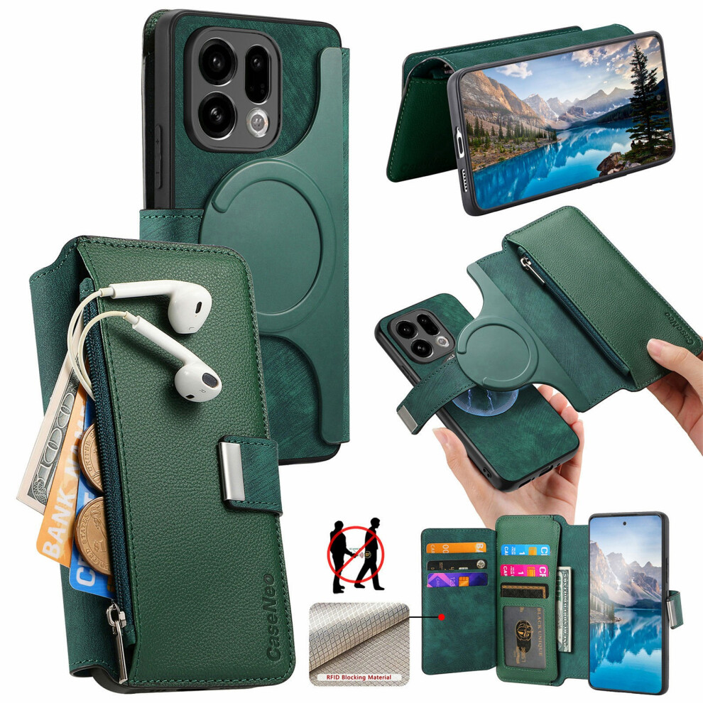 (Green) Caseneo Mw-02 For Oppo Find X9 5G Case Detachable Magnetic Leather Flip Cover Green 6914299828143