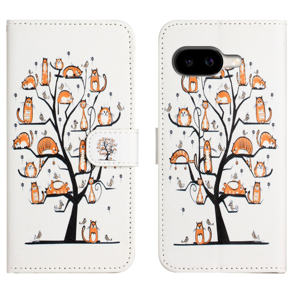 (Cat And Tree) For Google Pixel 10A Case Pattern Print Pu Leather Wallet Phone Cover Cross Texture 6914299610960
